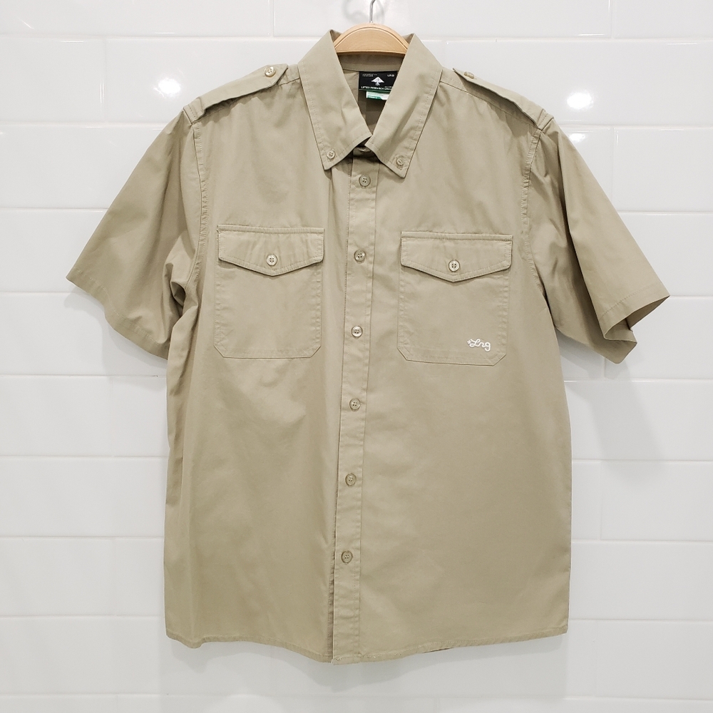 NEW Lifted Research Group LRG Tan Short Sleeve Button-Up Woven Shirt